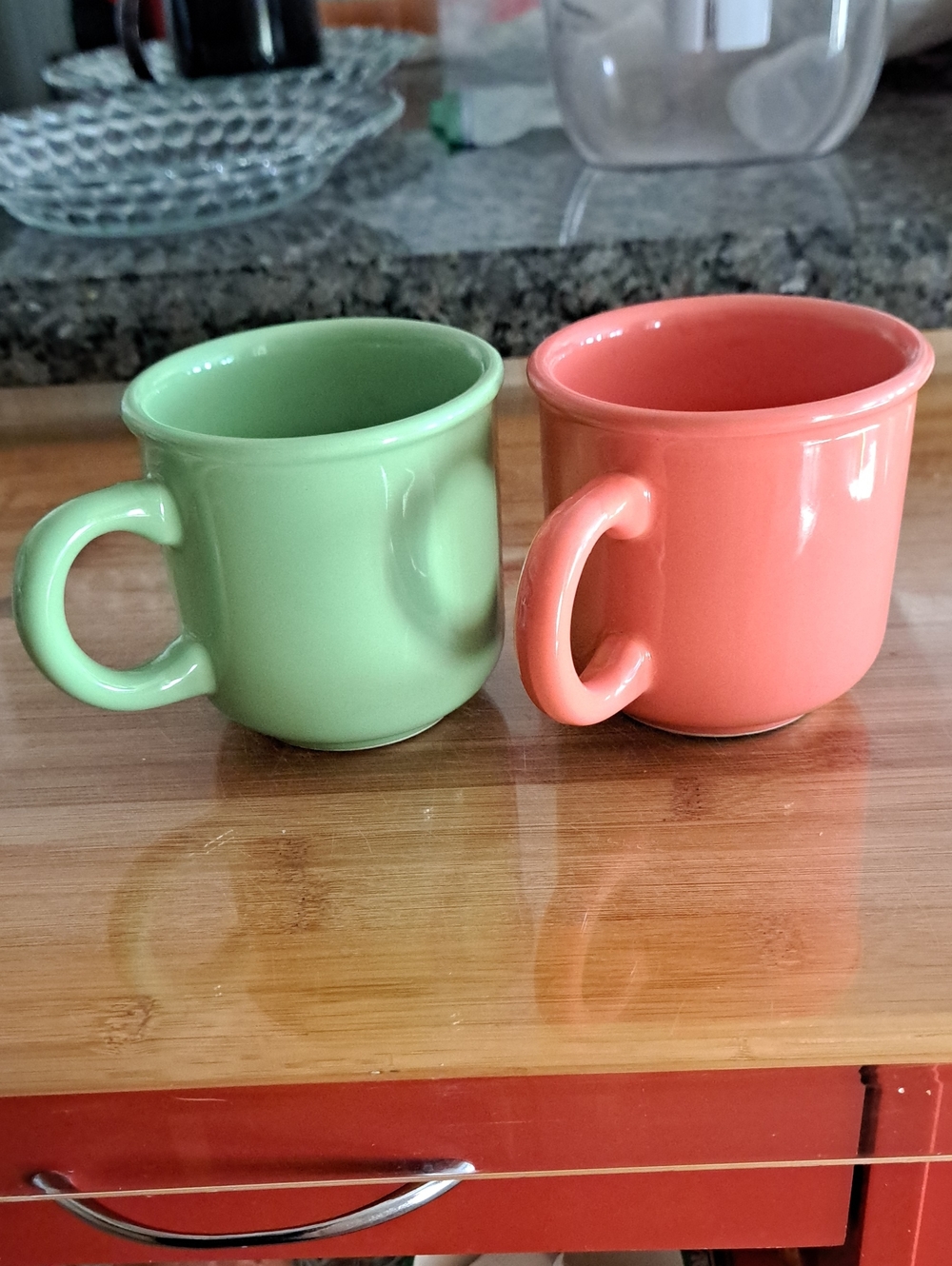 Pier 1 Made in Italy Green and Coral Ceramic Coffee Mugs - Set of 2  glossy